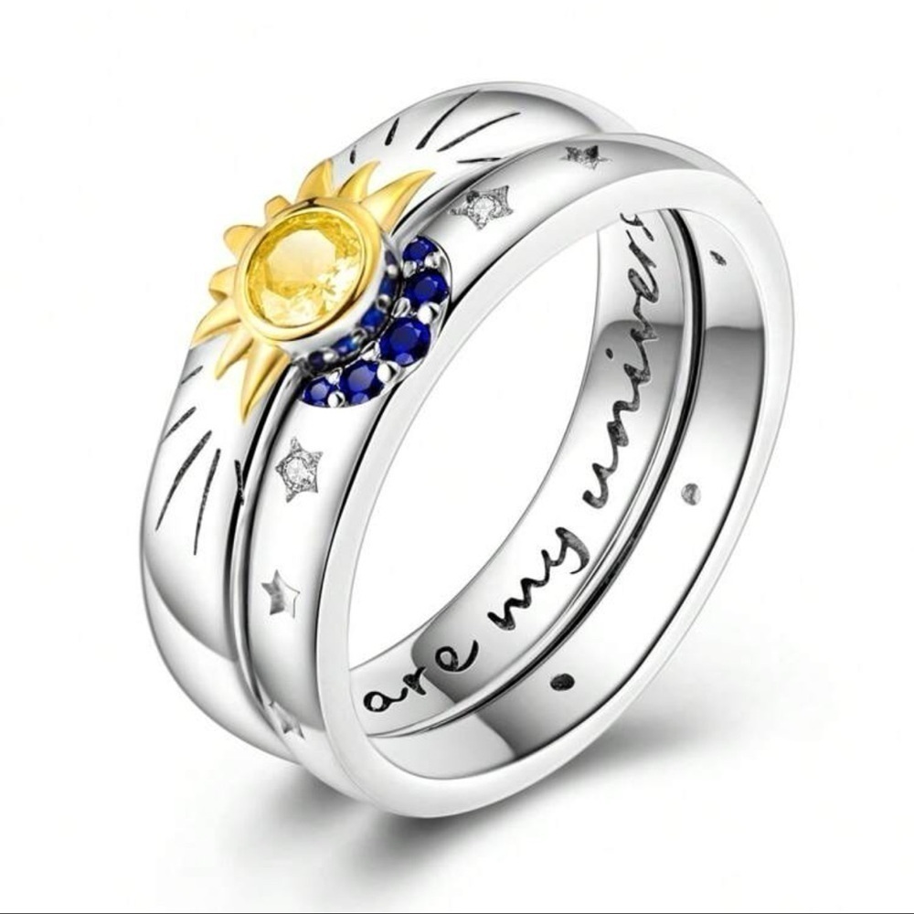 Sterling Silver Sun and CZ Moon 2pc Ring Set Size6 US